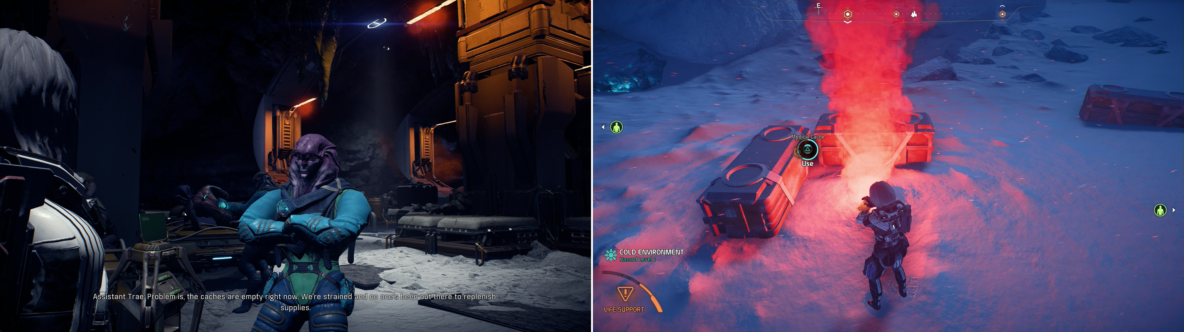 Talk to Dr. Harihn in the Resistance Base to hear about some depleted medical caches (left) then search the surface of Havarl and replenish them (right).