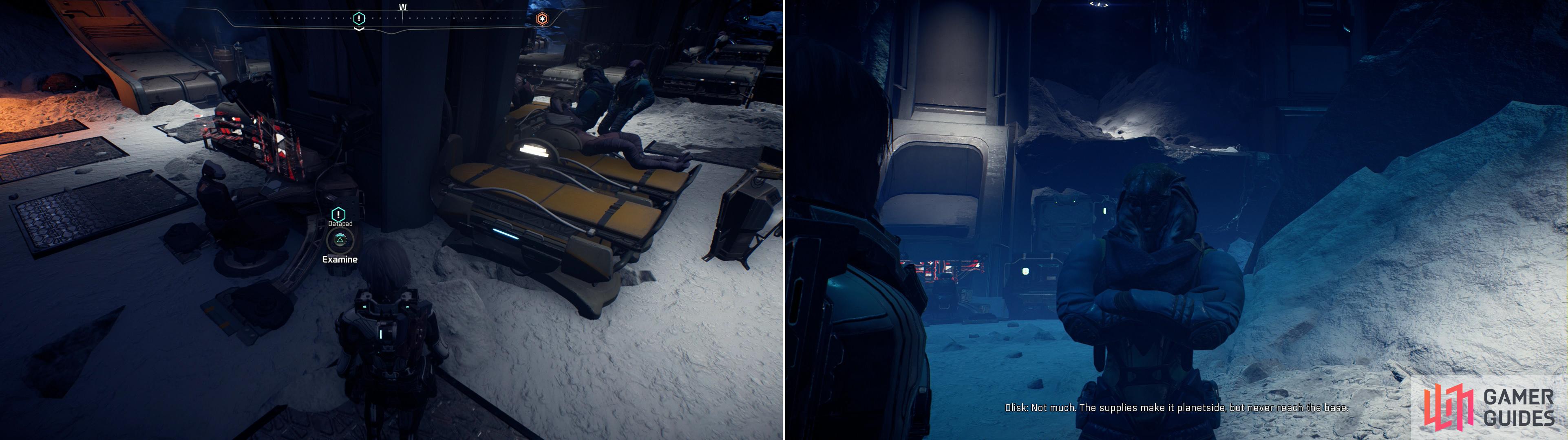 Find a Datapad in the Resistance Base (left) to learn about some missing supplies, then talk to Olisk to will allow you to look into the missing supplies (right).