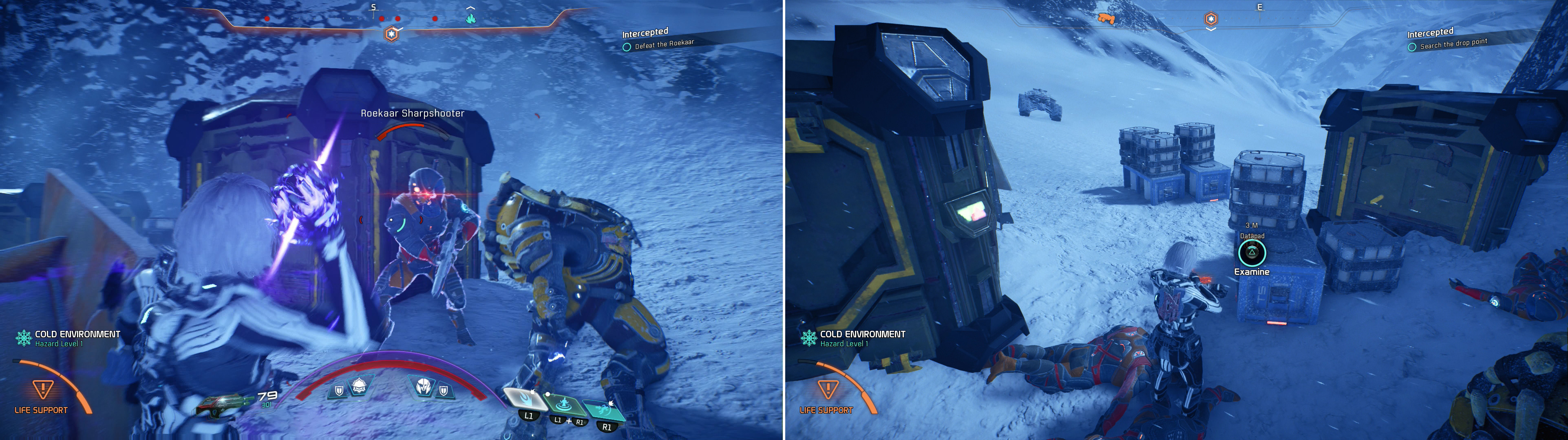 Kill the Roekaar at the supply drop site (left) then examine a datapad to gain some hard evidence fingering the culprit (right).