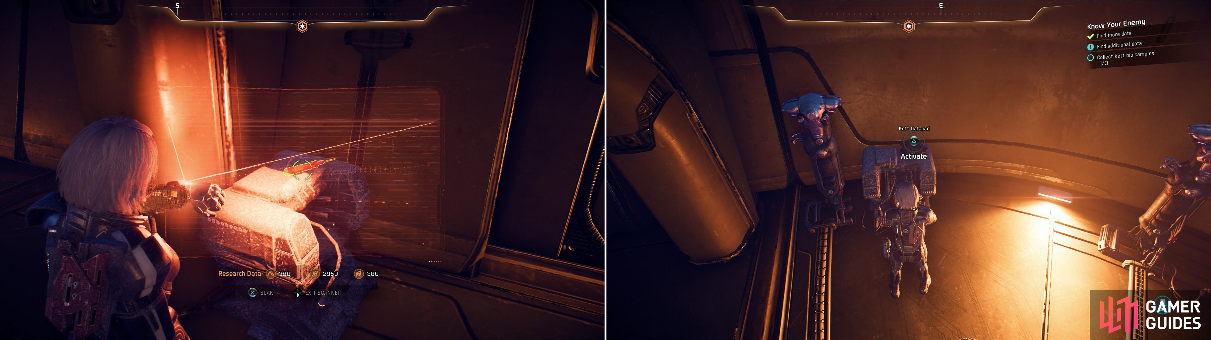Search the Kett outpost to find a number of Collected Biospecimens (left) and Datapads (right).