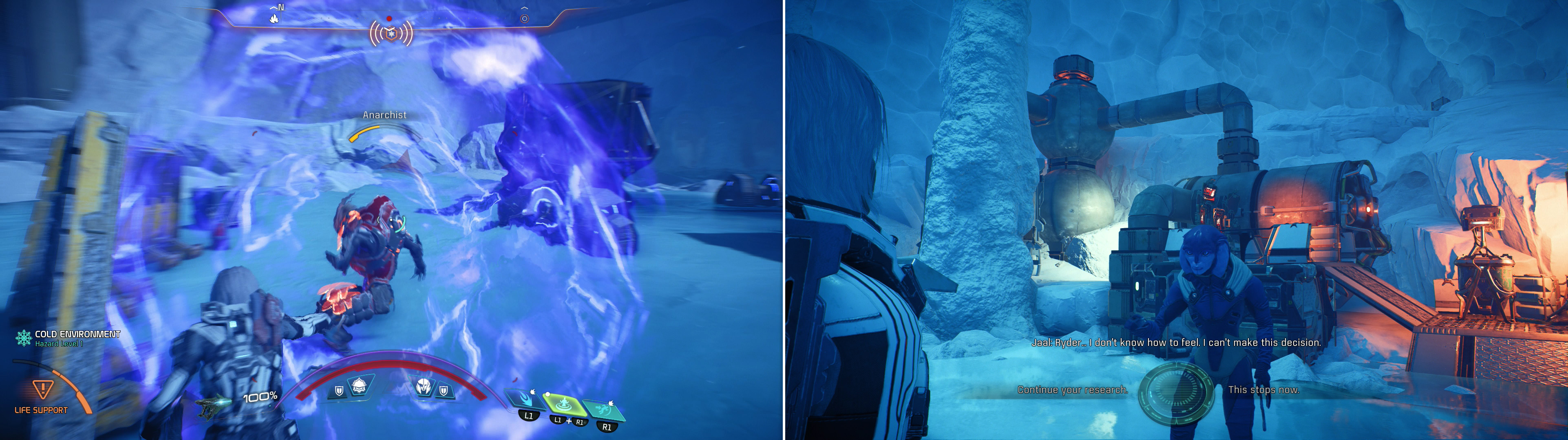 Fight through the Milky Way poachers (left) to confront the mastermind of the operation (left) who reveals the nature of her research and leaves you with a moral quandary (right).