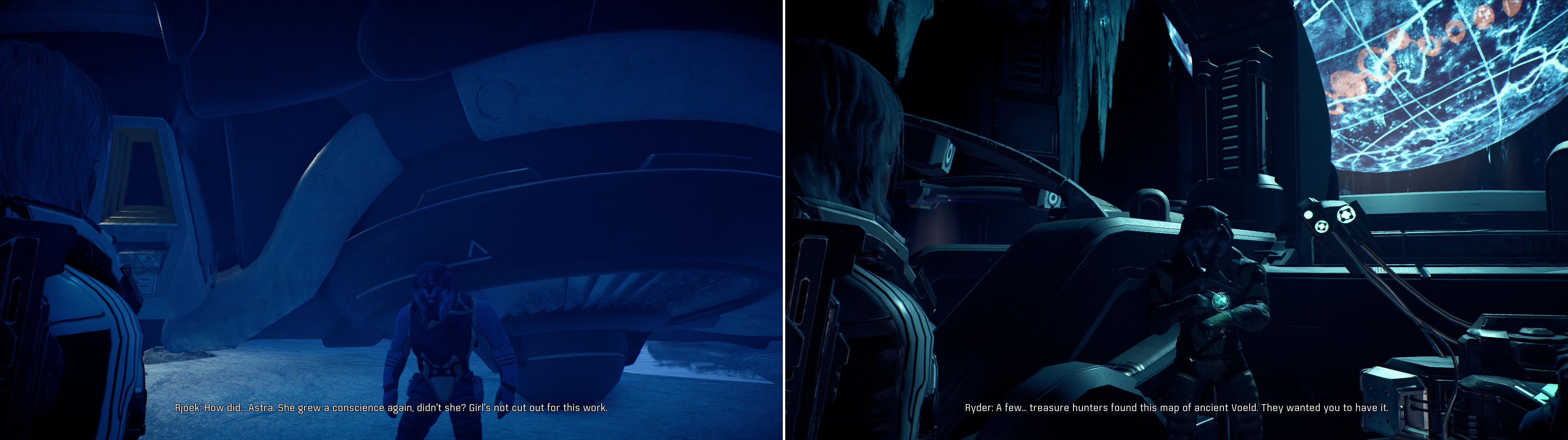 Confront Rjoek about his duplicity (left) then deliver the map to Intelligence Officer Kaas back at the Resistance Base (right).