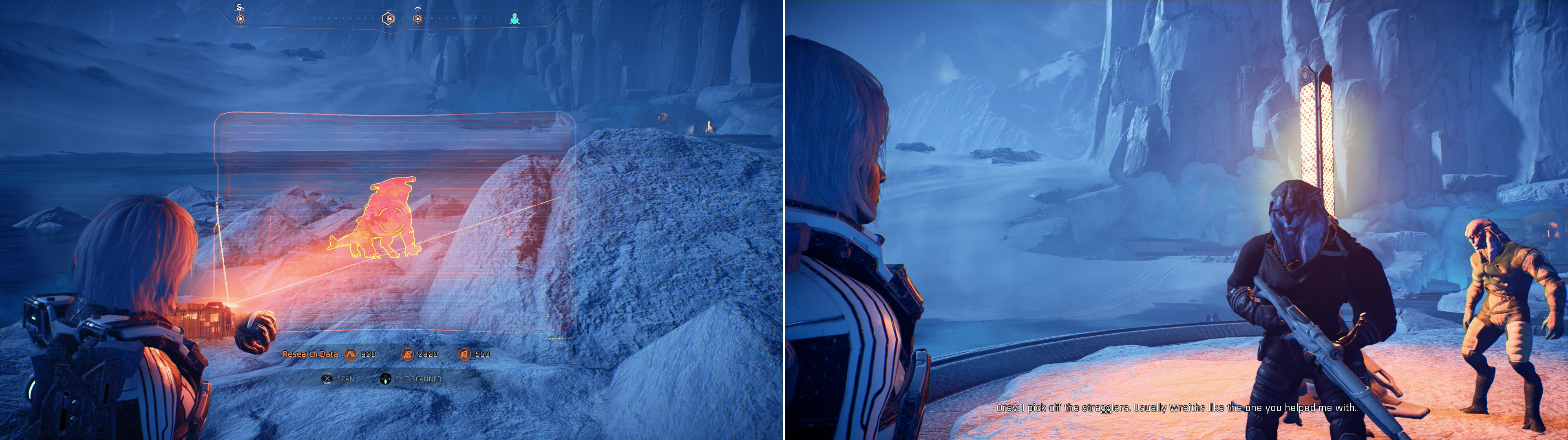 Scan the invisible Wraith "White Death" (left) and after the Angaran sniper takes his shot, head over to his position near the Techiix Station (right).