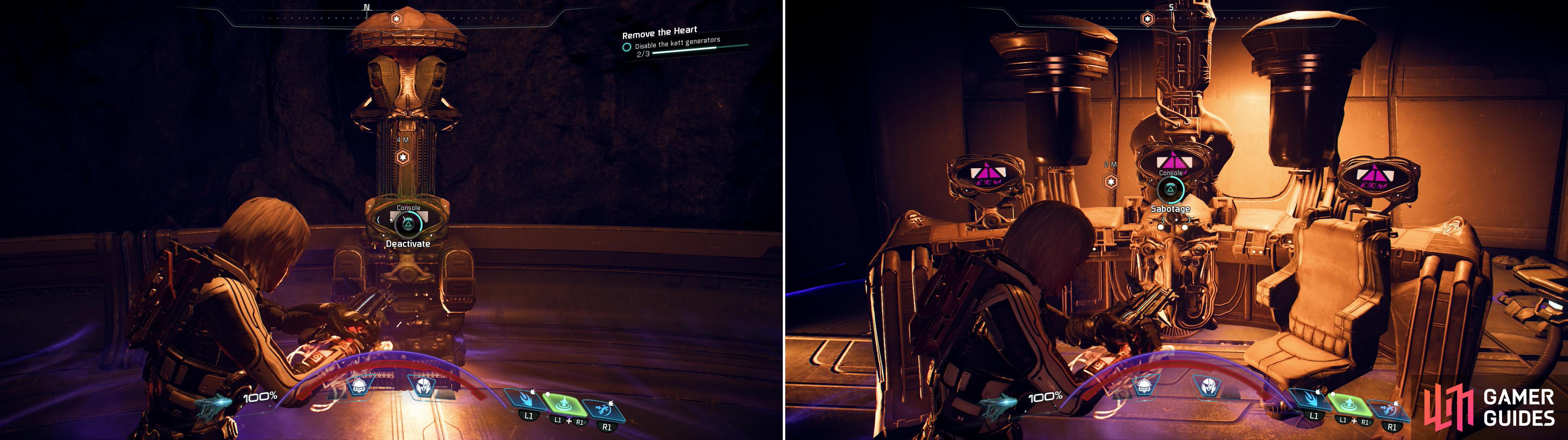 Survive waves of Kett to reach three Kett generators (left) after which you can disable the base's security and open the way to the core (right).