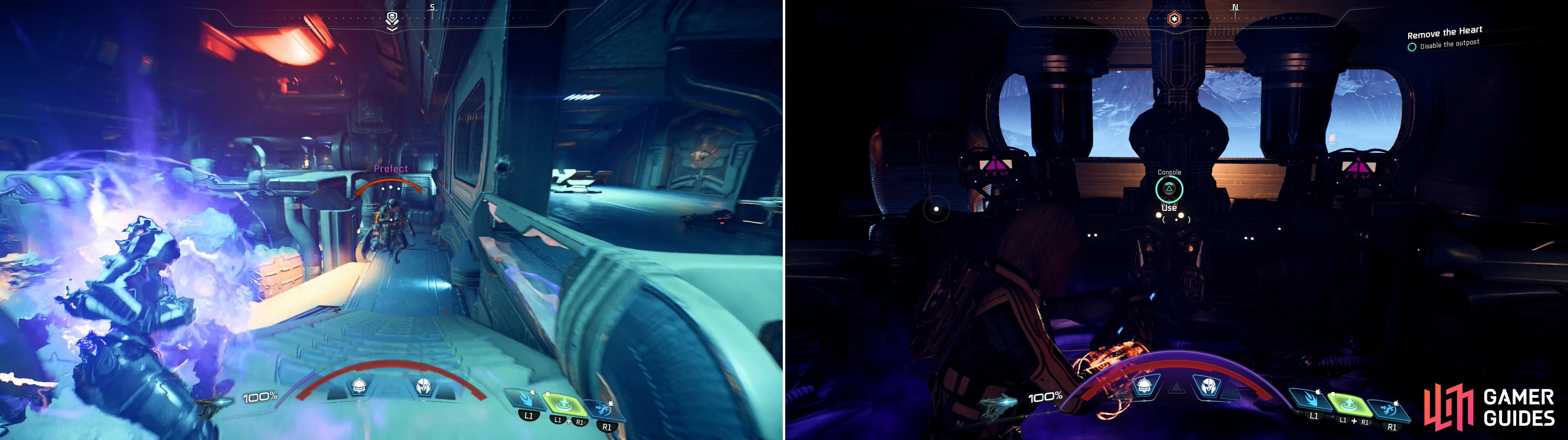 After destroying the Hangar Platforms, the base's commanding officer - the Prefect - will show himself (left). Defeat the Prefect and ride an elevator to the base's command center, where you can finally disable the outpost entirely (right).