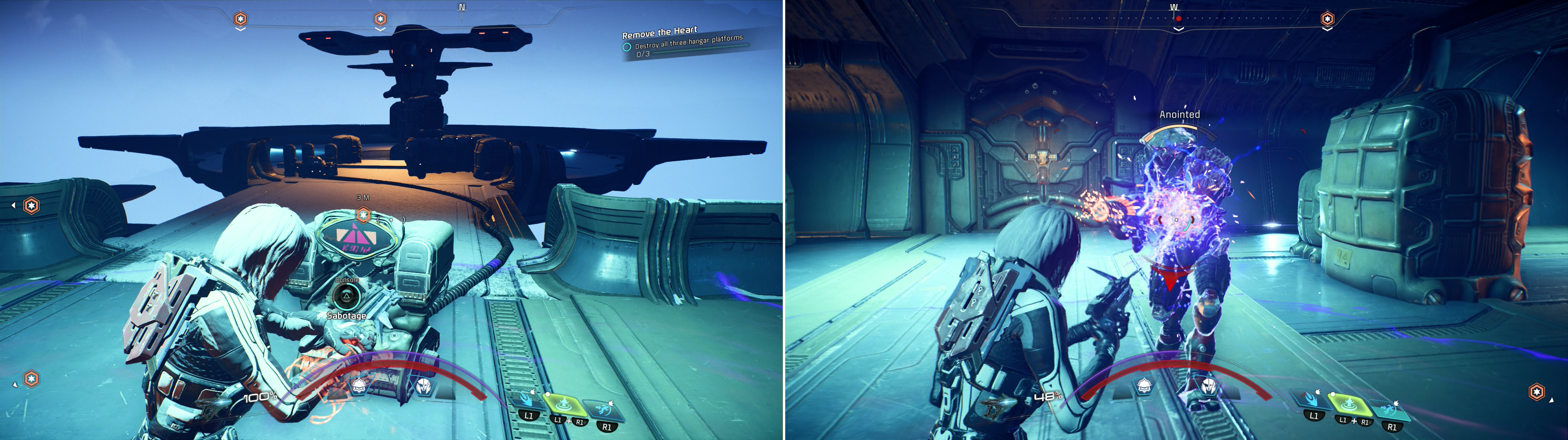 Activate consoles to destroy the base's Hangar Platforms (left) but be wary, as Kett will spawn as you activate the consoles (right).