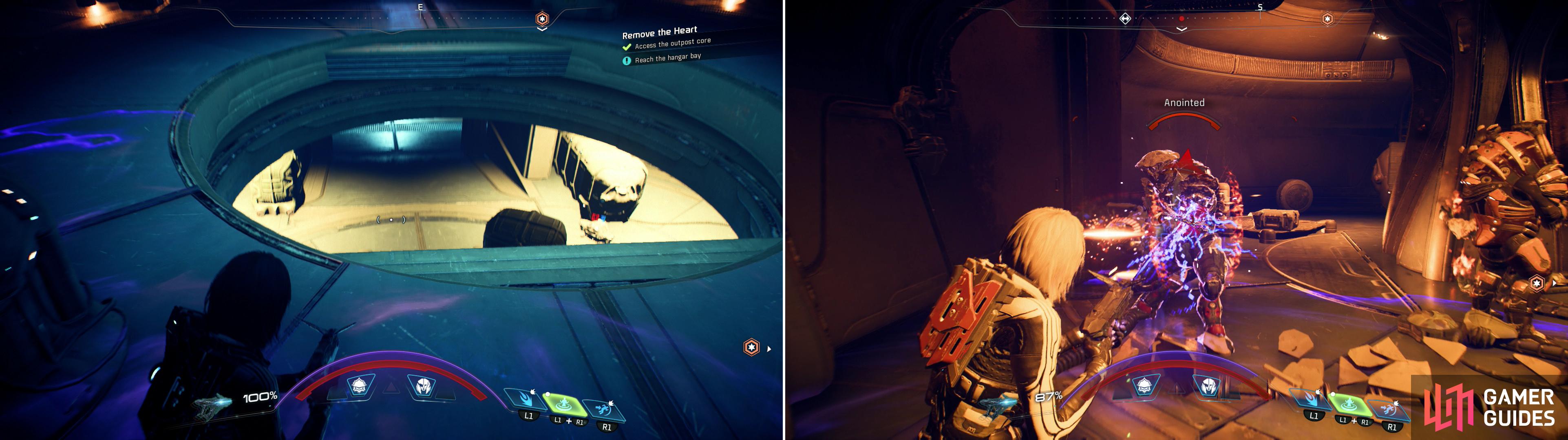 Drop down the hole to reach the base's core facilities (left) and kill whatever Kett you find waiting for you (right).