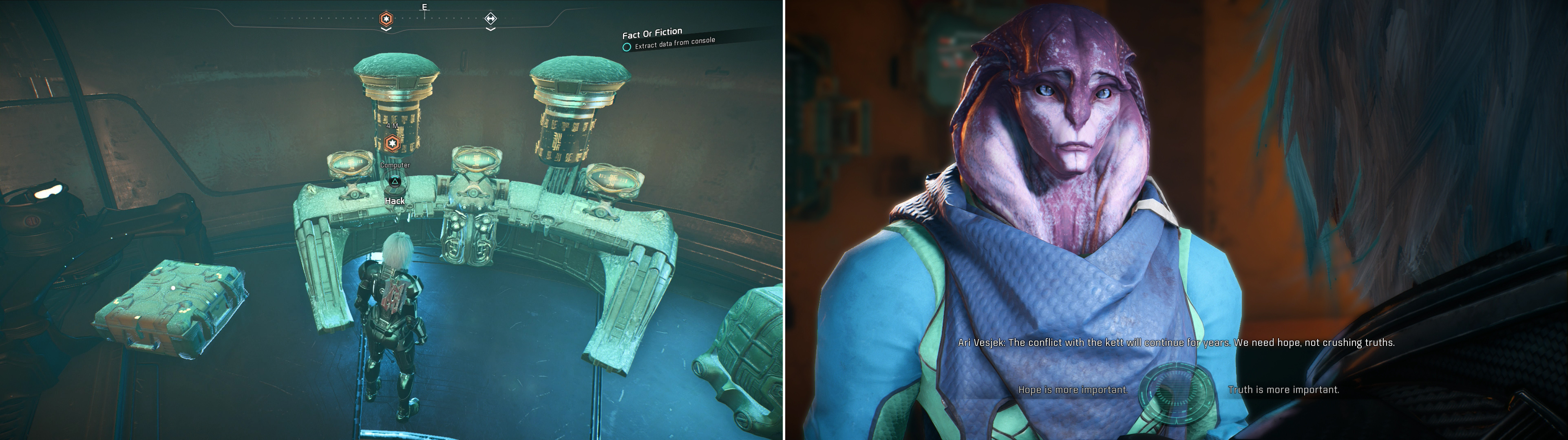 Extract data from the console (left) then return with the information Ari Vesjek request and help him determine how to handle the unwelcome truths they reveal (right).