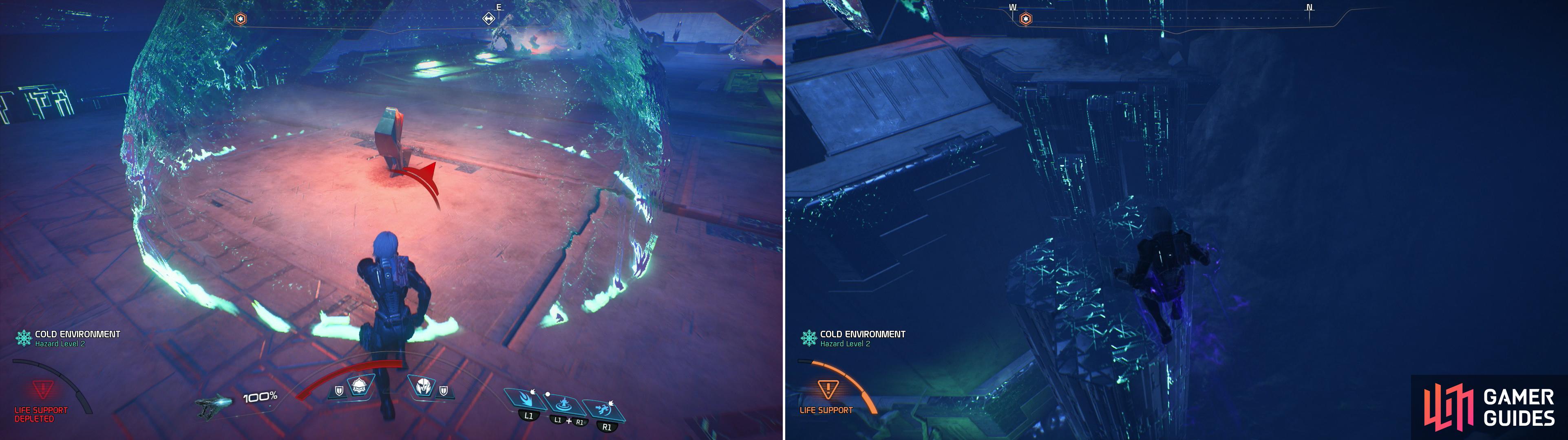 Voelds vault is unique in that the environment will be a constant threat, requiring you to seek out the safety of Remnant Shield Chargers to recover your life support (left). Platforming is another tedious feature of the vault on Voeld (right).