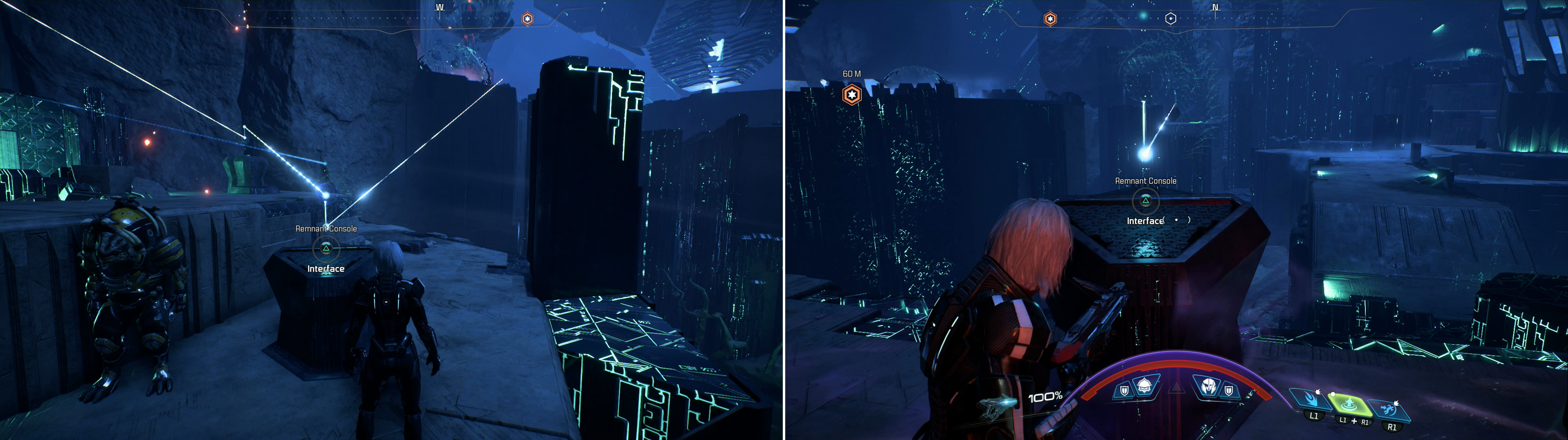 Activate a series of Remnant Consoles to restore power to another console across the level (left), then activate this console to bring down one of the two barrier blocking the way to a treasure room (right).