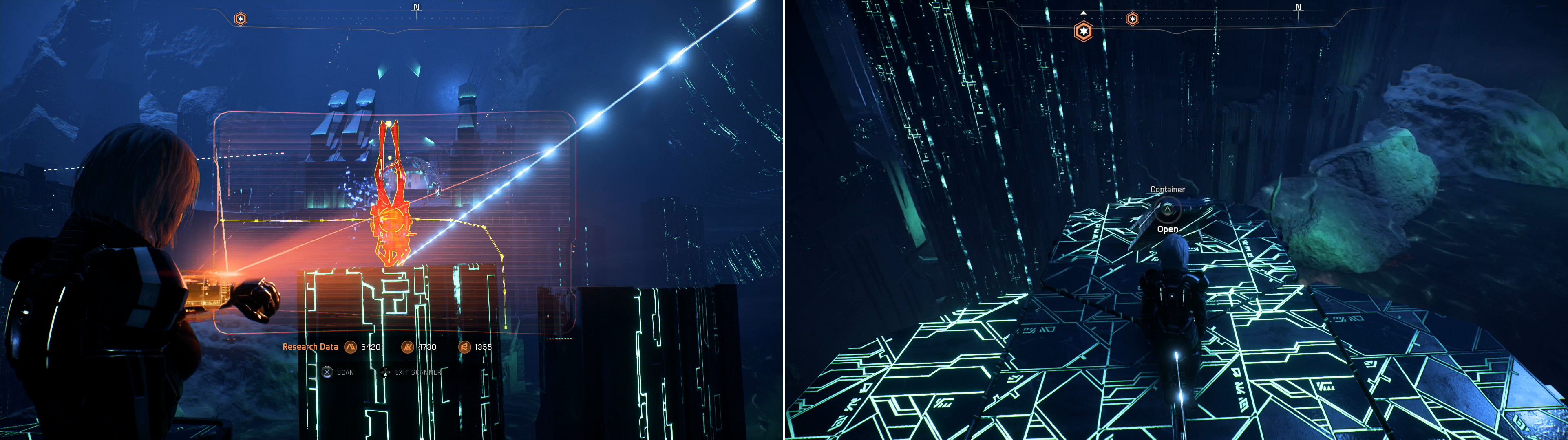 Activating linked Remnant Consoles to bring an Adaptive Remnant Core Device into scanning range (left). Other consoles lead to more conventional loot (right).