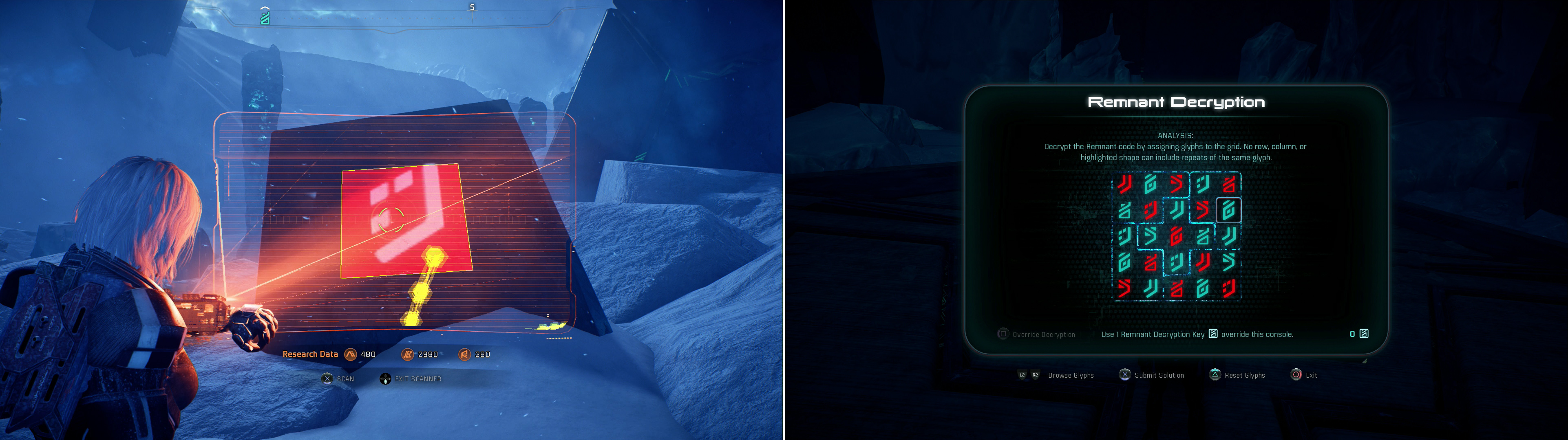 The western monolith may be below ground, but its glyphs will be found above ground (left). Scan them, then solve the Remnant puzzle encrypting the console for the monolith (right).