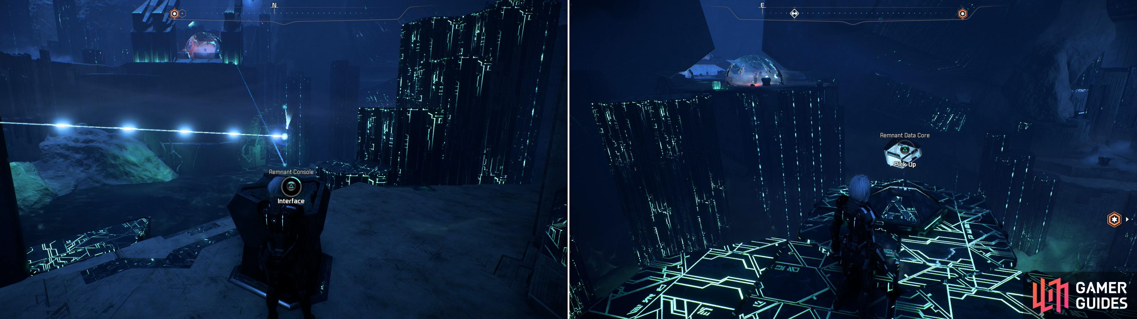 Activate a series of Remnant Consoles to raise a distant platform (left) upon which youll find a Remnant Data Core (right).