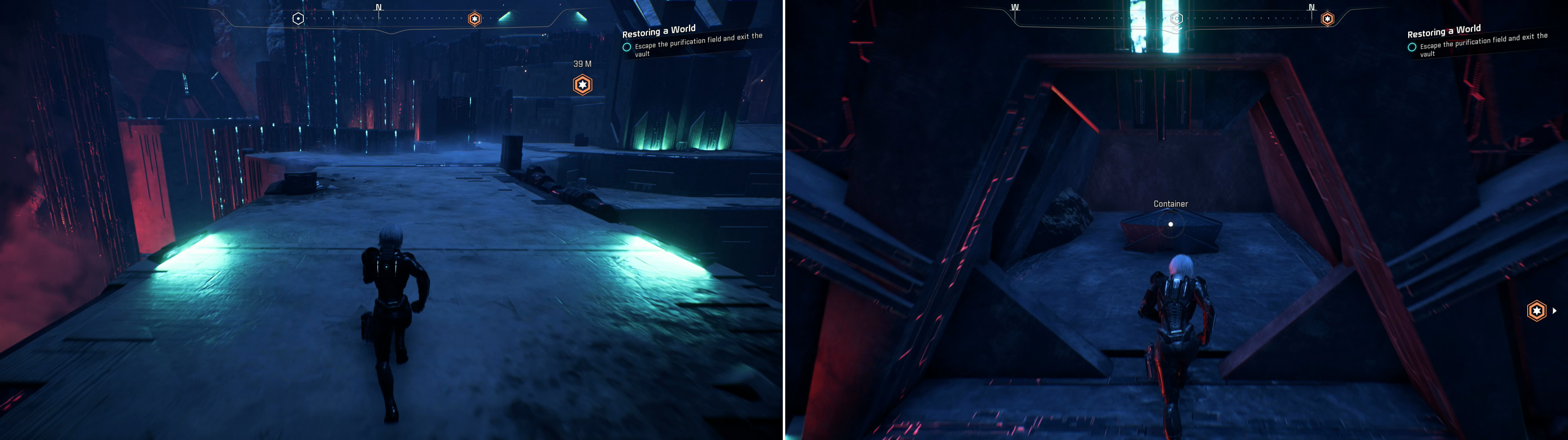 Flee from the purification field (left). If you disabled the barrier to the treasure room earlier, you may wish to hazard a detour to claim some loot (right).
