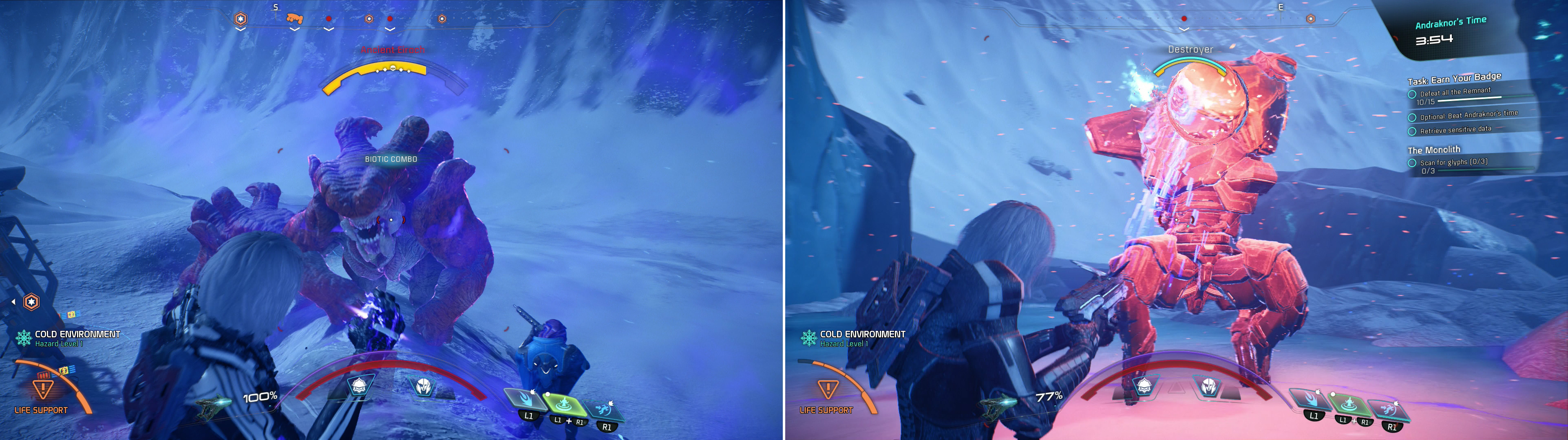 One challenge has you facing off against three Ancient Eirochs (left) while another has you killing a host of Remnant as quickly as possible (right).