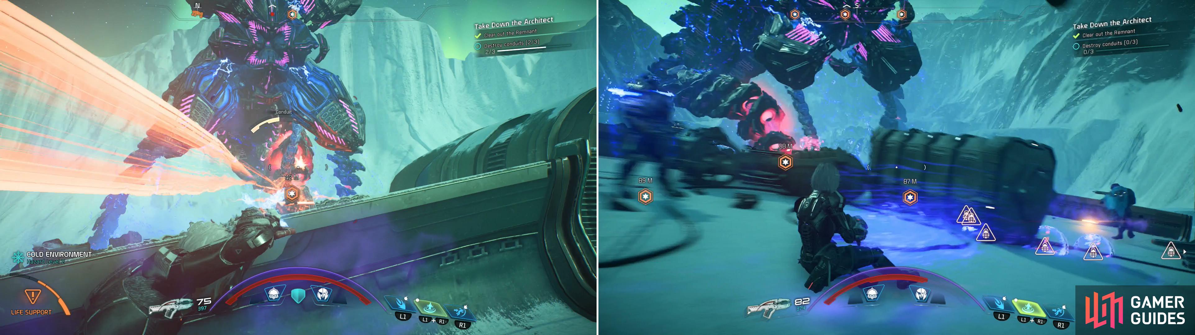 Stay in cover to avoid the Architect's rapid-fire laser attack (left) and stay mobile to avoid its mines (right).