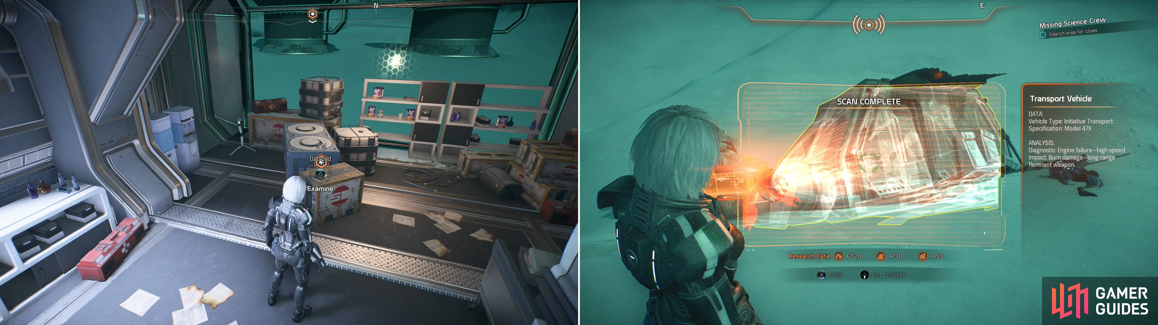 Search a datapad in the Voeld outpost to find out where Priya Blakes team went (left) then track them down and scan their remains (right).