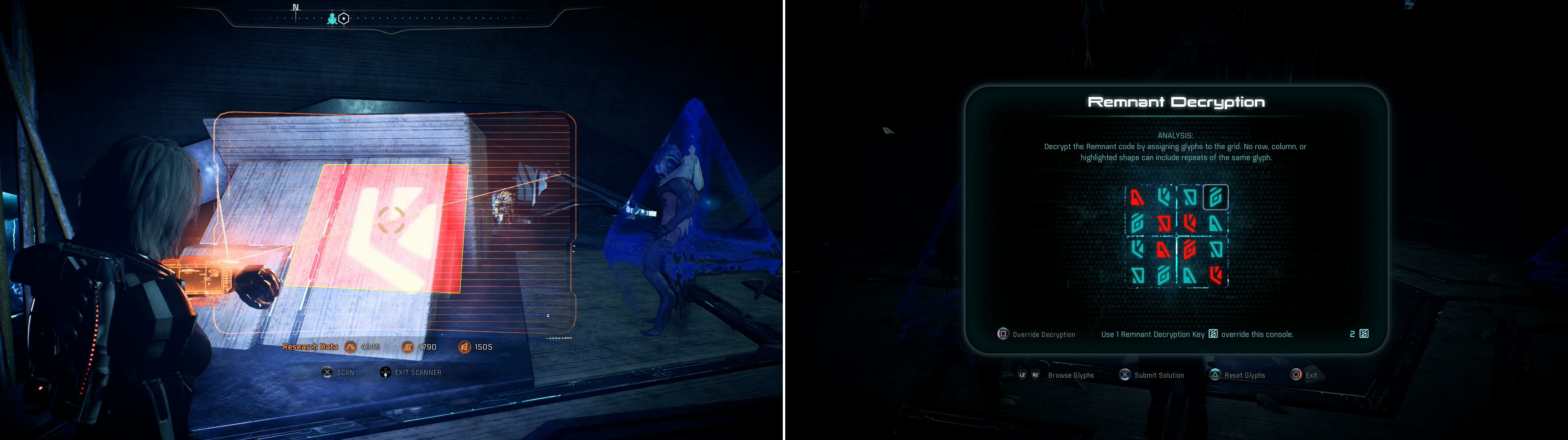 Scan glyphs around the trapped scientists (left), then solve the Remnant puzzle to free them (right).