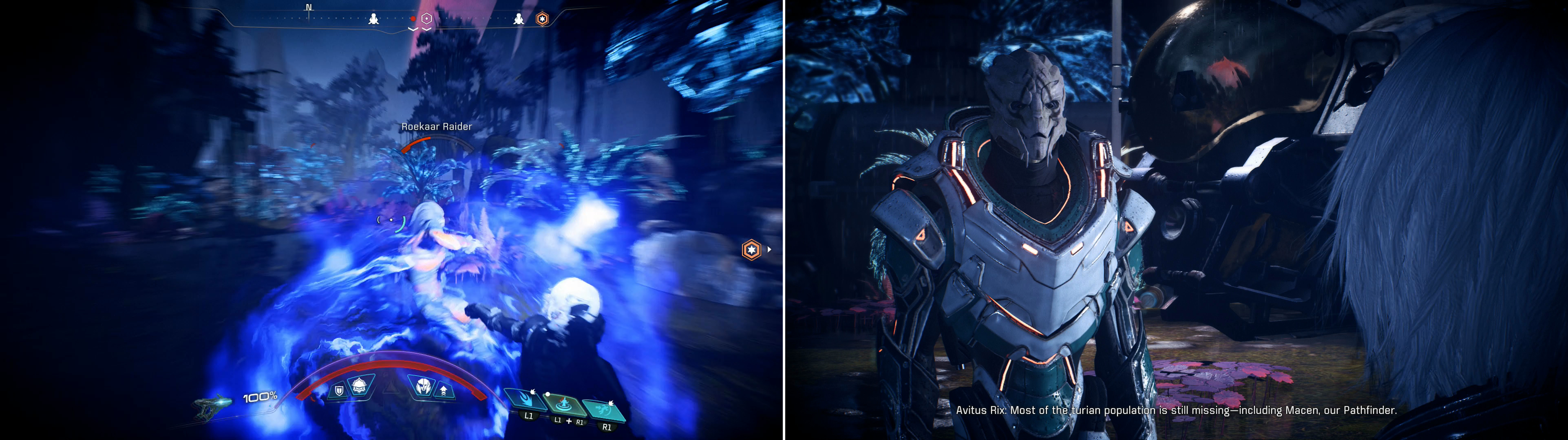 Fend off the Roekaar attacking the Turian camp (left) then talk to Avitus Rix (right) to learn what he knows of the Turian Arks fate.