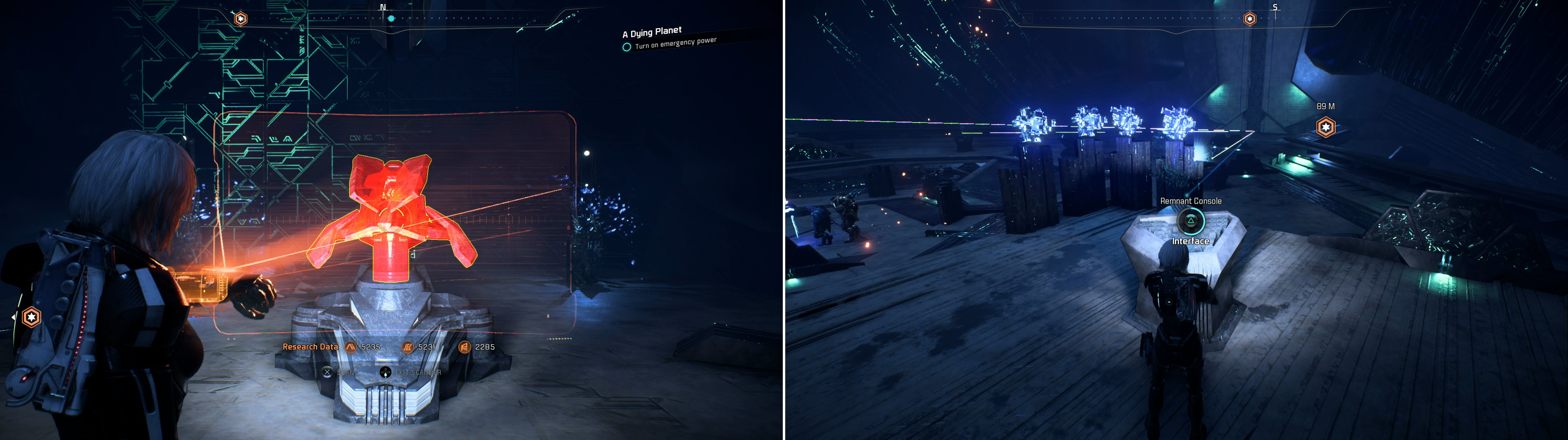 Consider destroying a dormant Remnant Turret before it can cause you trouble (left). Activate several Remnant Consoles in order of the numer of lights near them (right).
