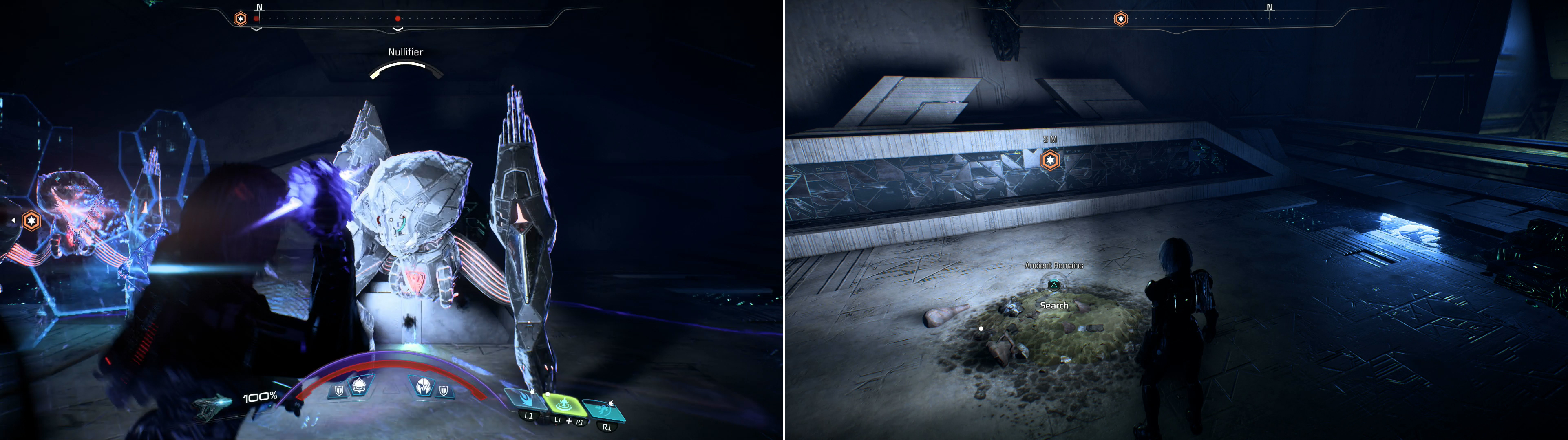 Defeat more Remnant deeper in the ruins (left) then search some debris to find Zorai's Heirloom (right).