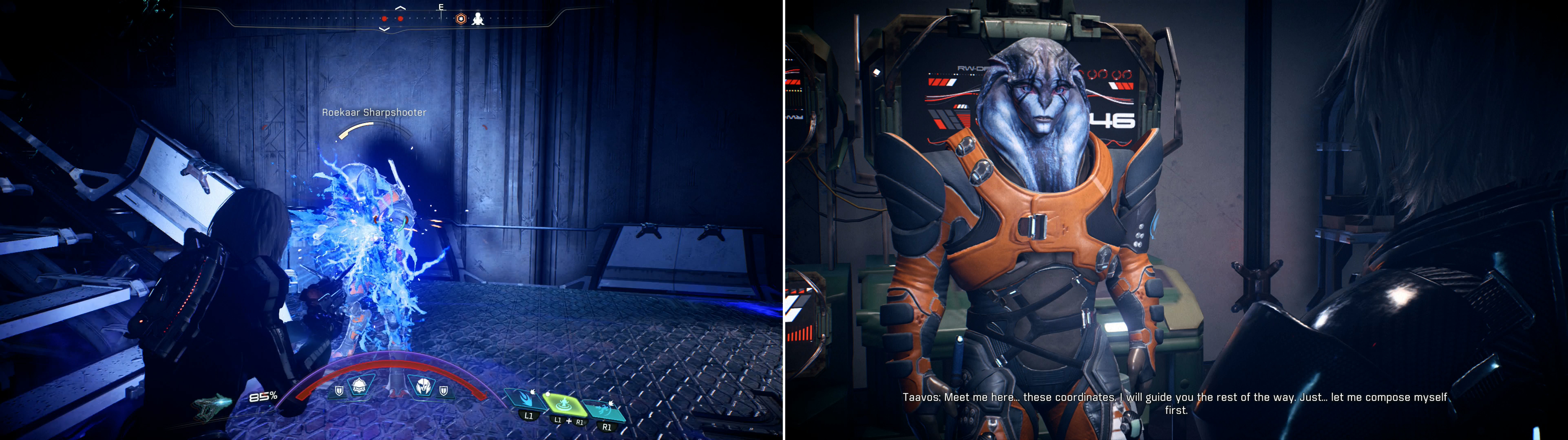 Right your way through numerous Roekaar strongpoints (left) then enlist Taavos' help (right).