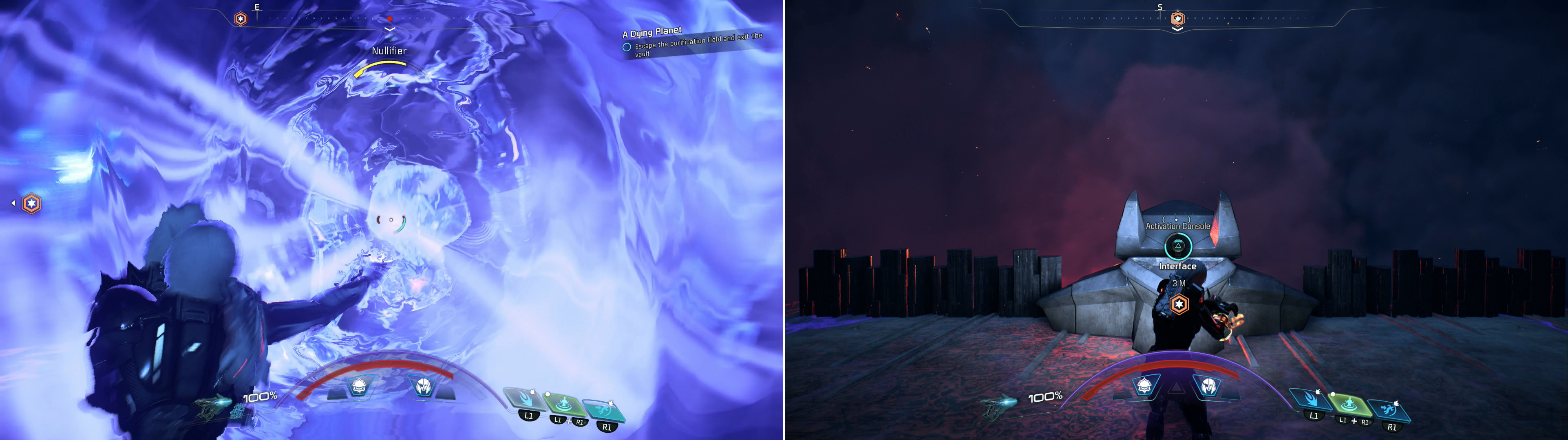 Fight your way through the Remnant that appear when the purification field activates (left) then close the doors to escape the field (right).