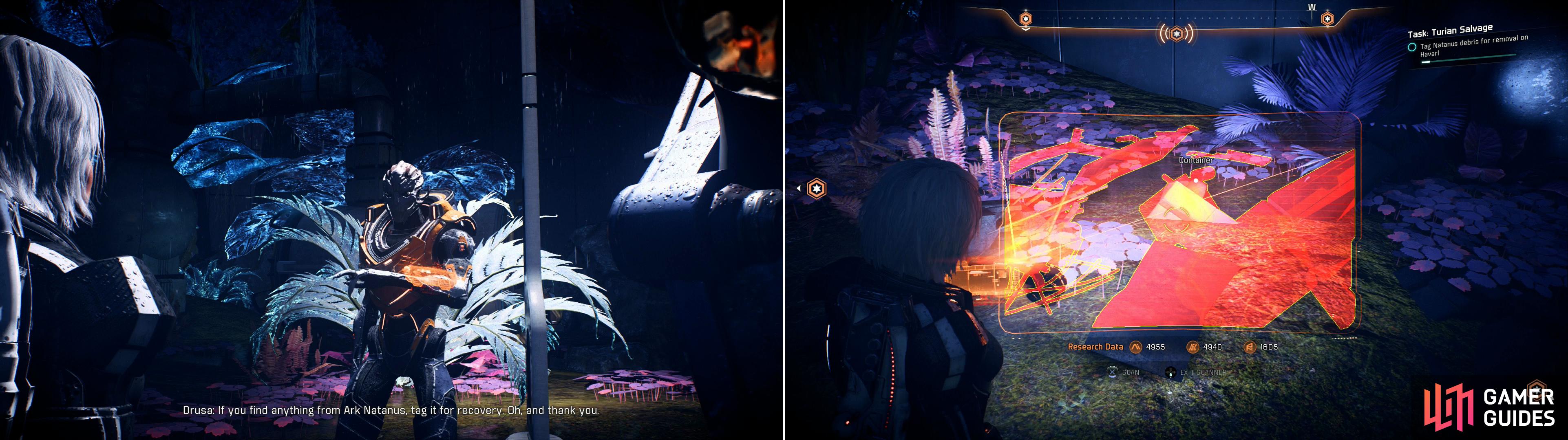 Talk to Drusa at the Turian camp (left) then scour Havarl, moving from navpoint to navpoint in search of debris to scan and loot (right).