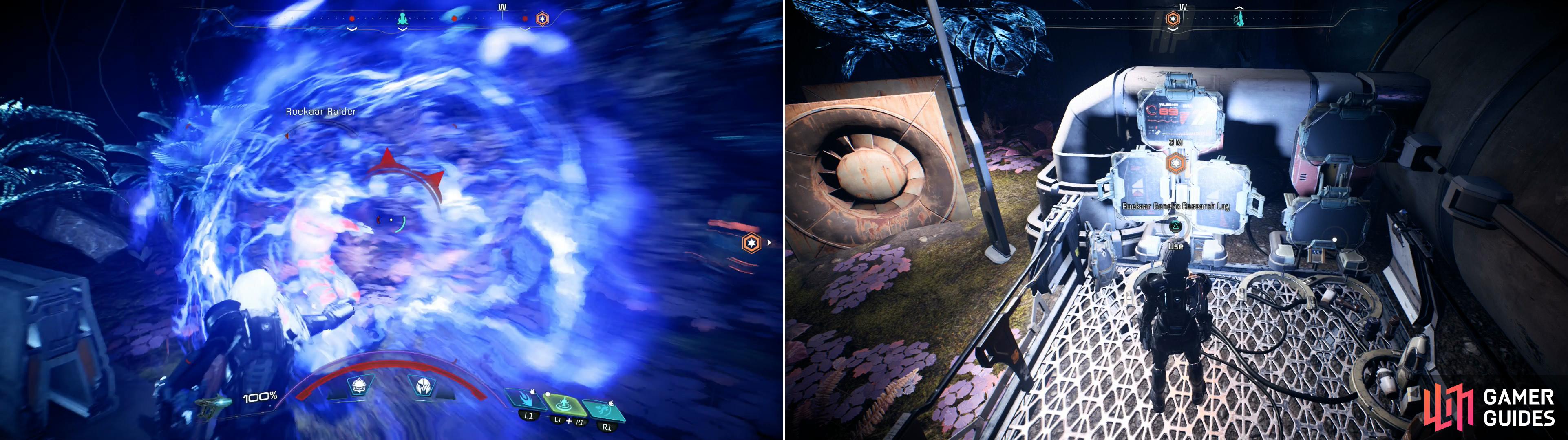 Sack the Roekaar camp (left) then recover their data from the Roekaar Genetic Research Lab (right).