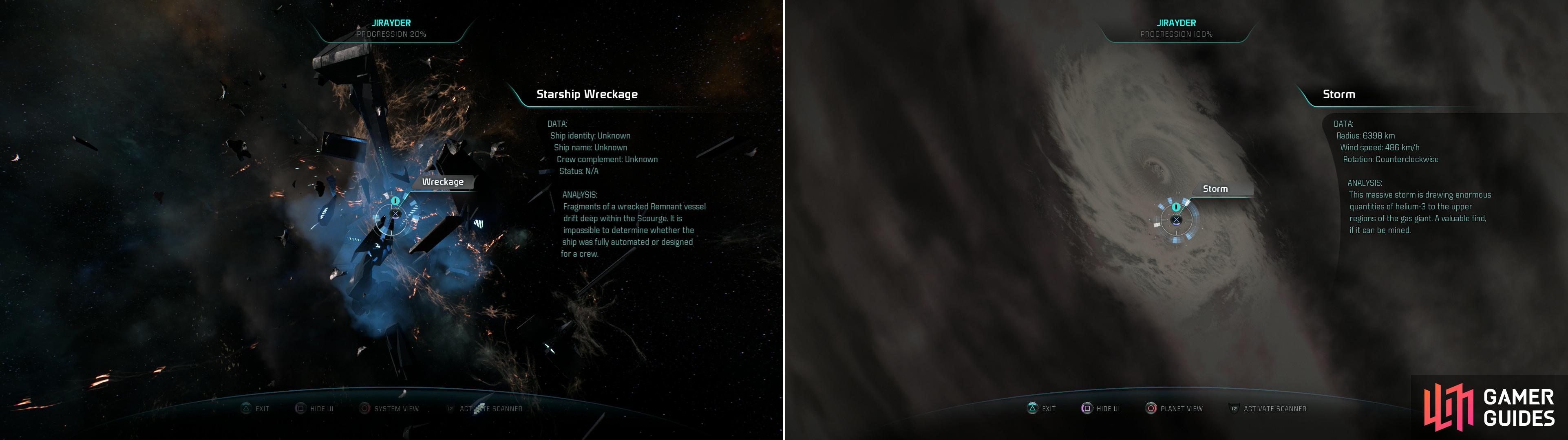 A Starship Wreckage can be scanned for some salvage (left), while the storm on Candavorni is worth scanning for some XP (right).