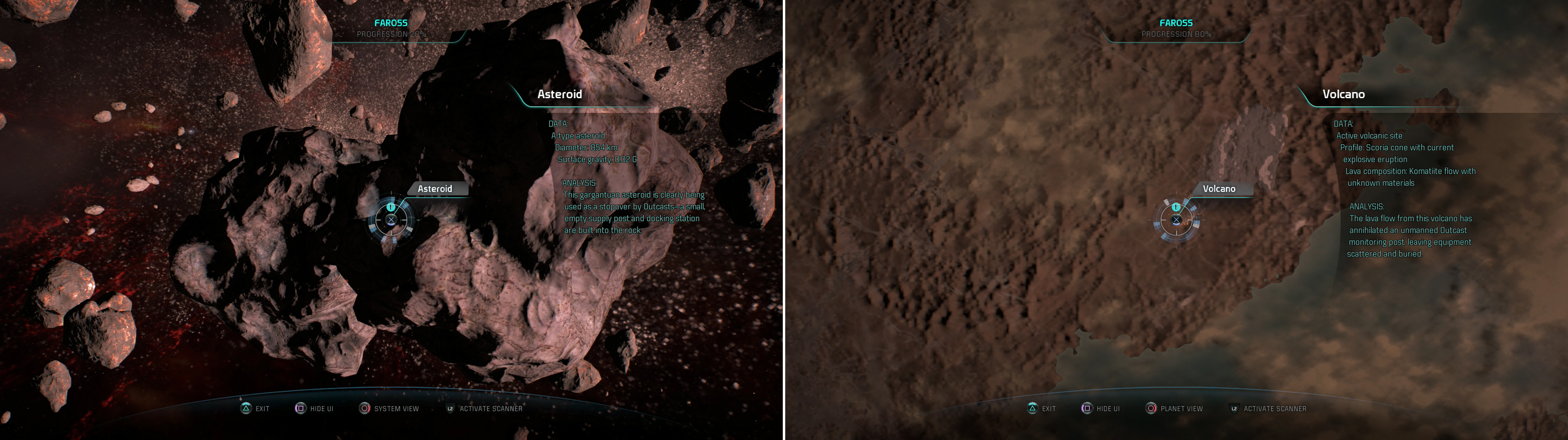 You'll gain some XP if you notice that some Outcasts have built a small supply post on an Asteroid (left). On Grill you'll find a Volcano, which is also worth XP (right).