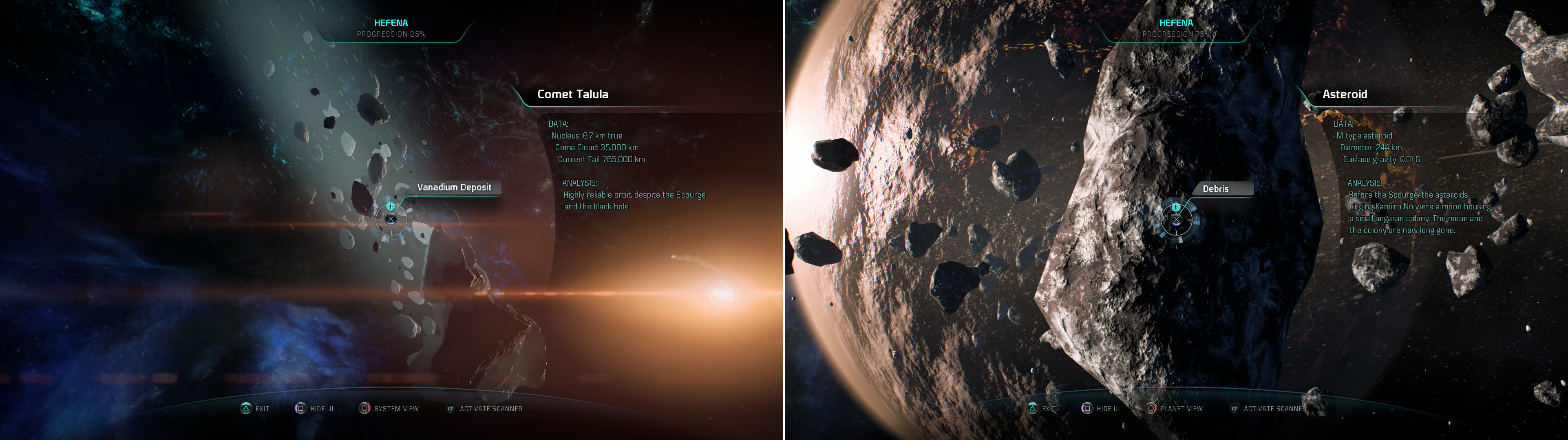 Comet Talula will bestow you with some Vanadium if you drop by (left) while an Asteroid in Kamiiro Nos ring system can be scanned for some XP (right).