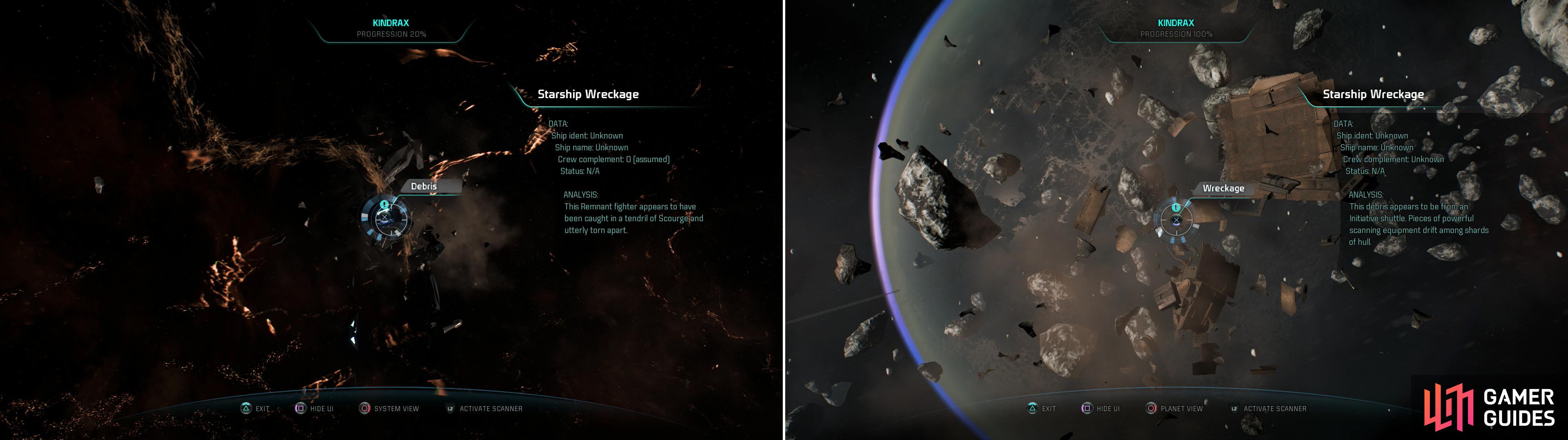 Kindrax is the death ofsStarships, as evidenced by the Remant fighter (left) and the wrecked shuttle in the ring around H-202 (right).