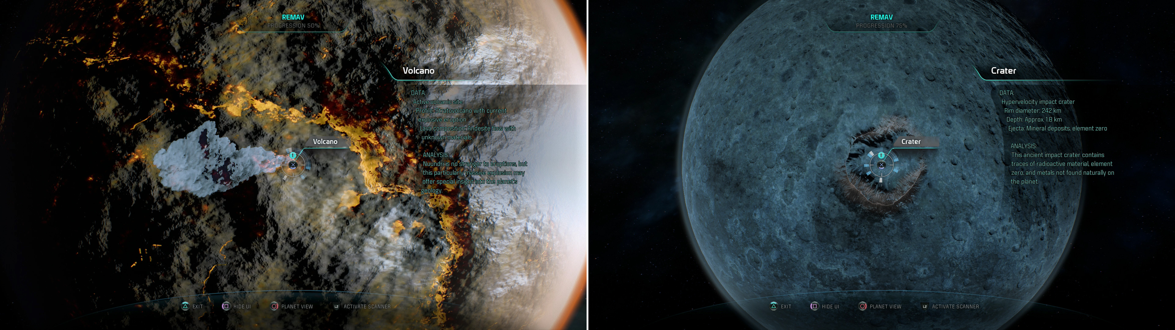 A Volcano on Nuundri can be scanned for some XP (left) as is a distinctive Crater on Ameayii (right).