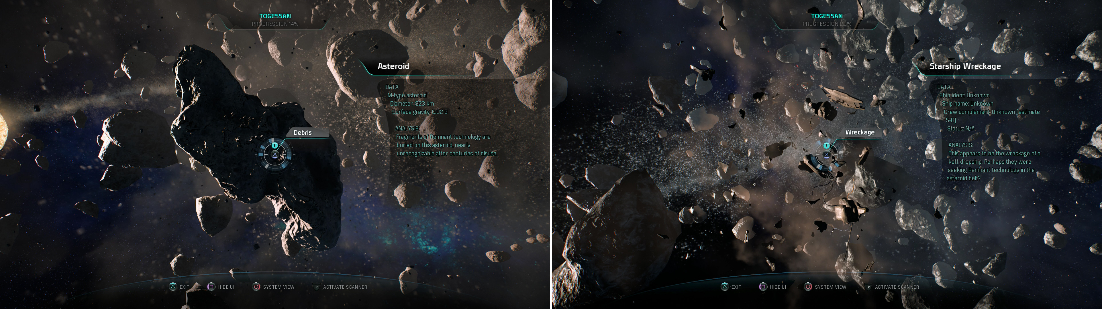 Some Remnant debris near an Asteroid is worth some XP (left), while a Starship Wreckage can be searched for salvage (right).