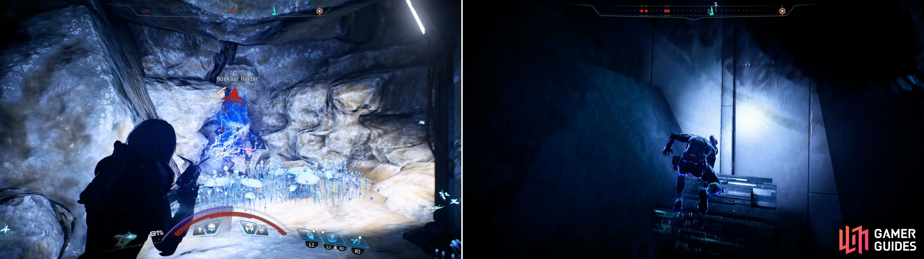 Kill the Roekaar in the cave to find the Remnant Console he was guarding (left) and use it to deploy some platforms you can use to reach previously unobtainable heights (right).