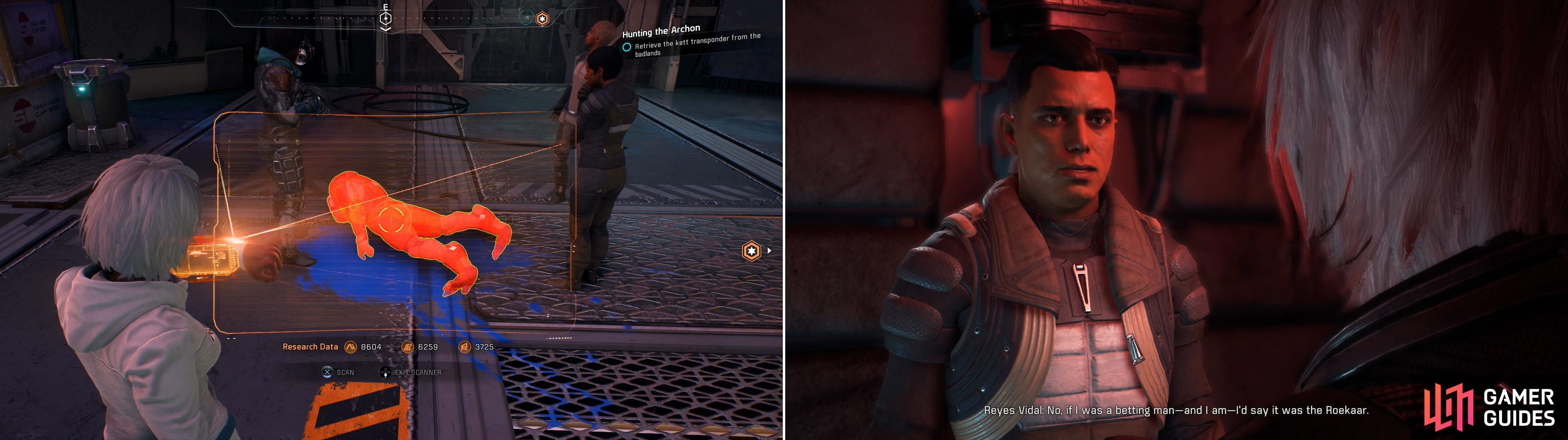 Scan the murdered Angaran in Kadaras marketplace (left) then visit Reyes Vidal in Tartarus to hear his suspicions (right).