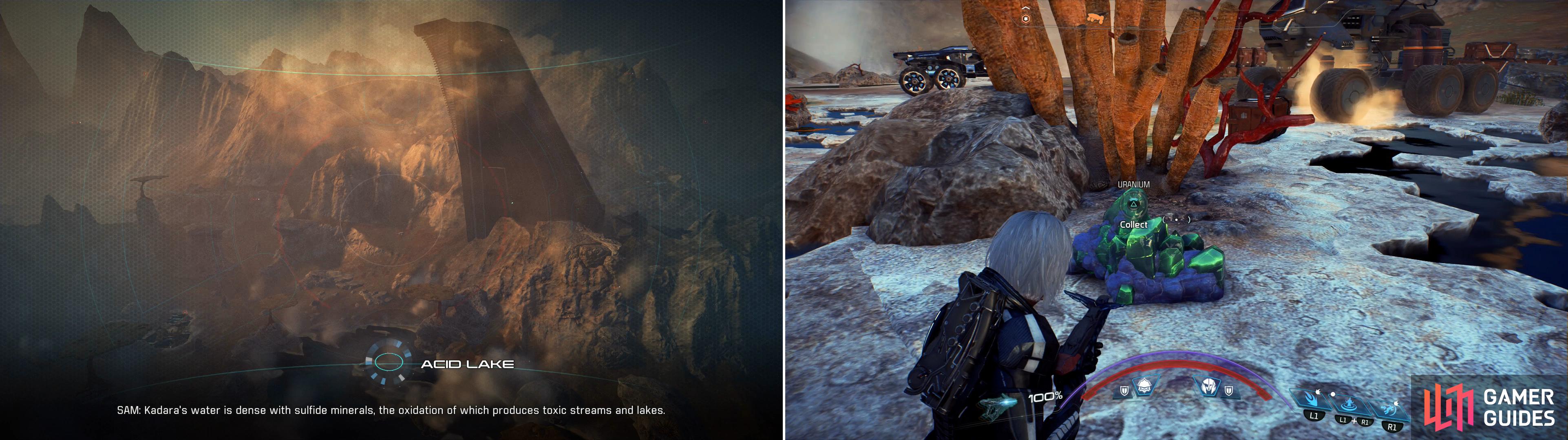 Heed SAMs advice - stay out of Kadaras water (left). As befitting such a toxic planet, nodes of Uranium and other minerals can be found on the surface (right).