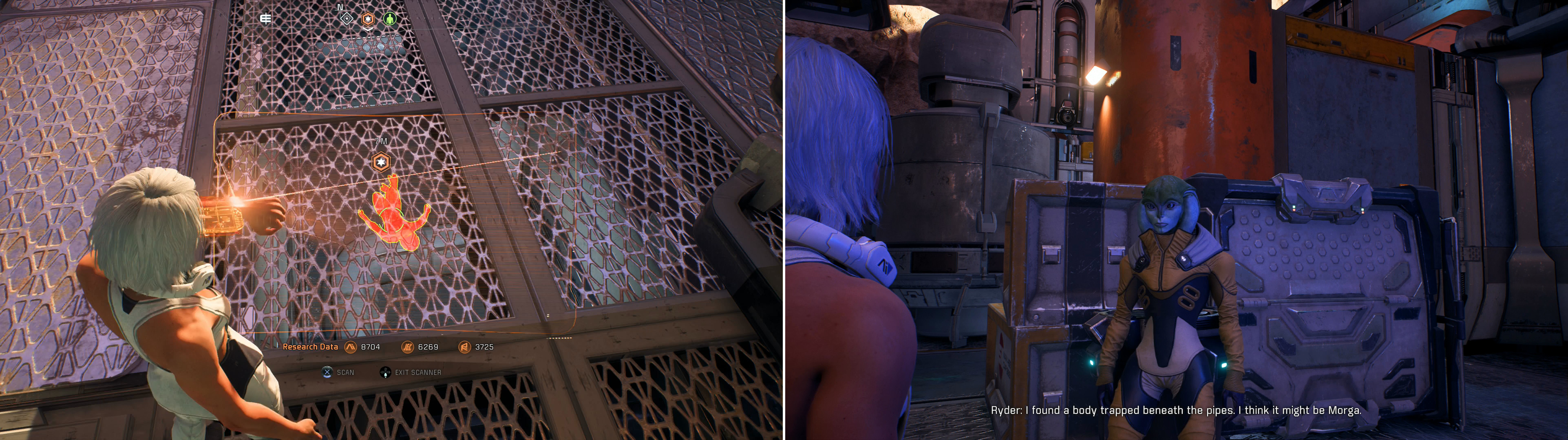 Scan the floor of the marketplace to locate Morga (left) then give her sister the bad news (right).