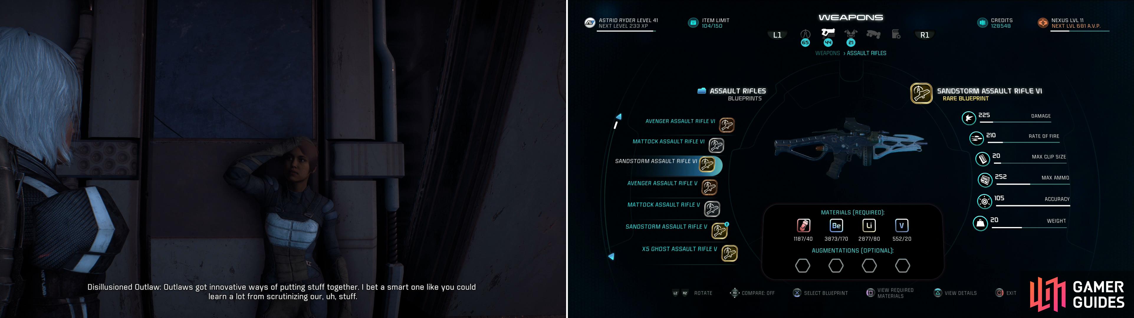 Talk to a Disillusioned Outlaw outside Tartarus (left) then build one of the Outlaw weapons he recommends (right).