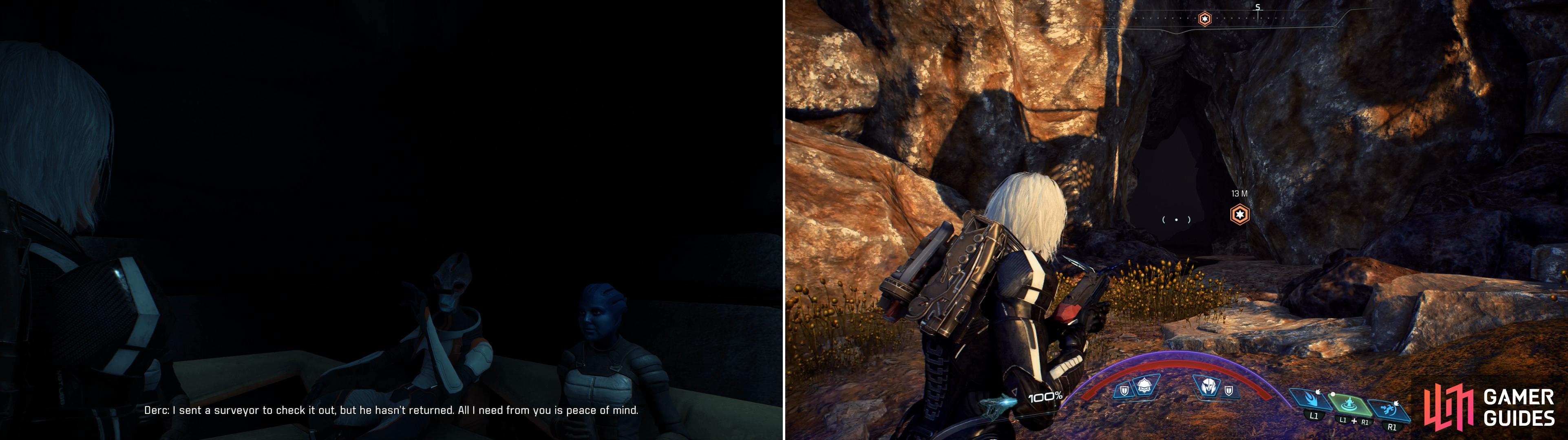 Talk to Derc in Tartarus to pick up this job (left) then head into a cave in the Draullir section of Kadara (right).