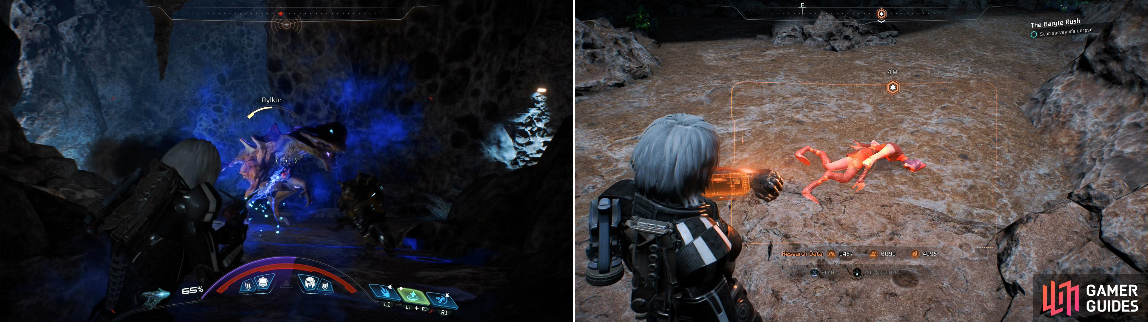 The cave is full of nasty beasties (left), but press on and youll find out what happened to Dercs surveyor (right).