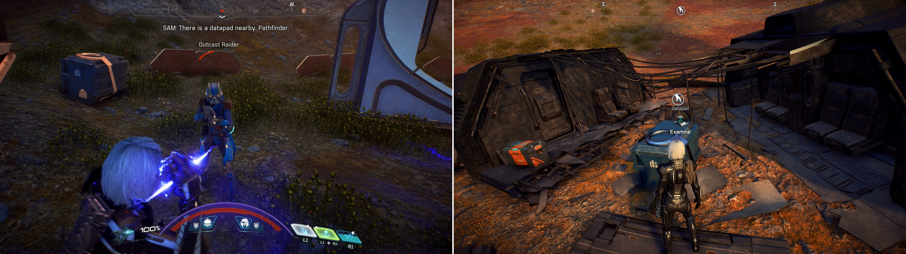 Clear out various outlaw/Outcast/Collective camps (left) and read randomly-spawning Datapads (right).