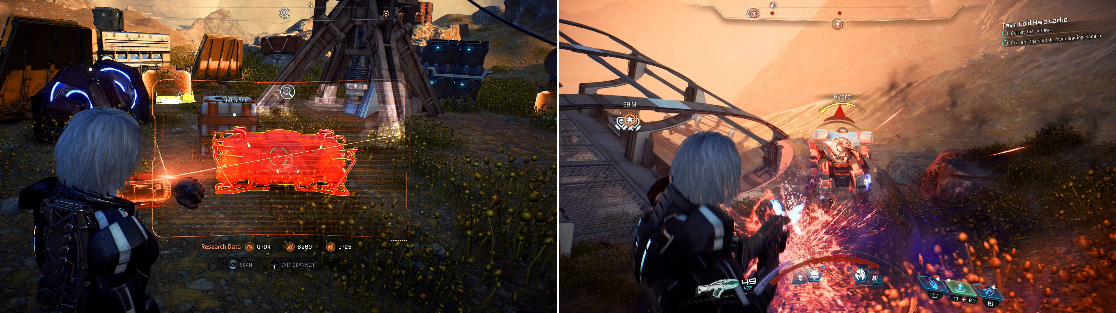 Scan Weapons Caches at various outlaw camps across Kadara (left), then head to the enemy base and defeat your foes there, which include two Hydra mechs (right).