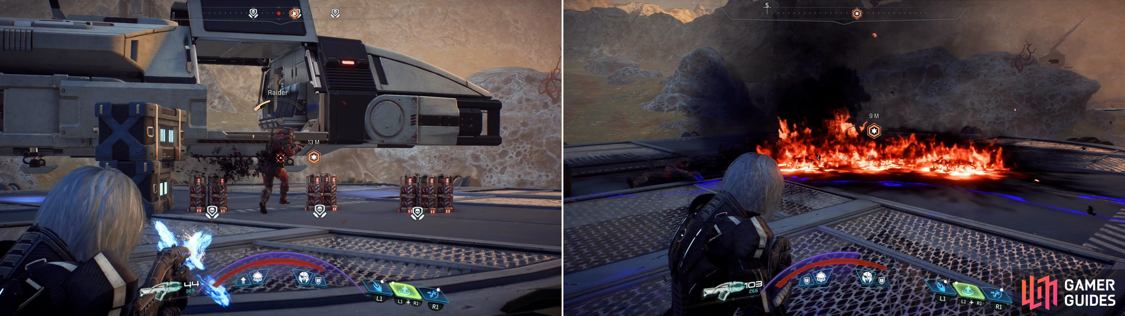 Fight your way up to the landing pad and eliminate the remaining stragglers (left) then destroy their cargo to see it never gets put to ill use (right).