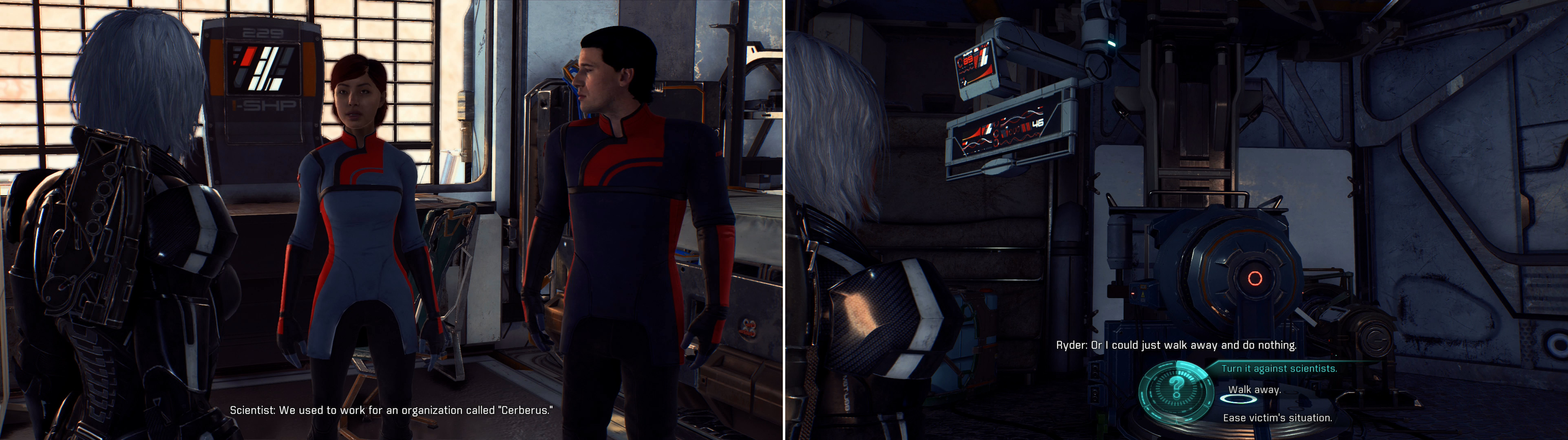 Confront the scientists in the nearby structure (left) then decide what to do with their mind control device (right).
