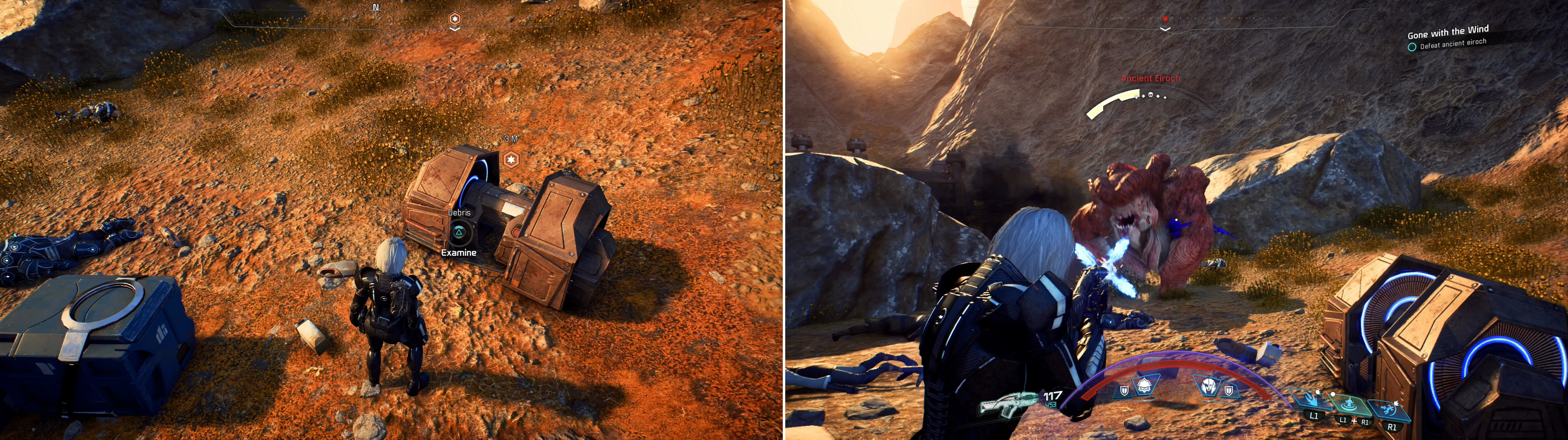Search the debris at the scavenger camp (left) then defeat the Ancient Eiroch that appears (right).
