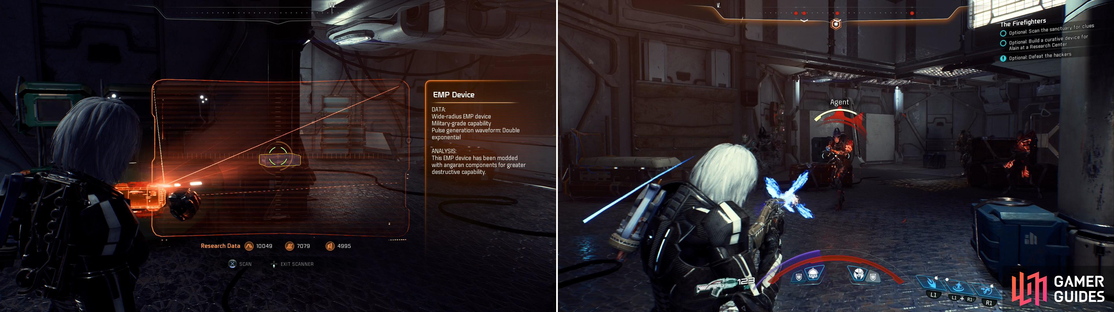 If you scan too many objects in the sanctuary (left) you'll expose yourself and provoke the anti-AI fanatics (right).