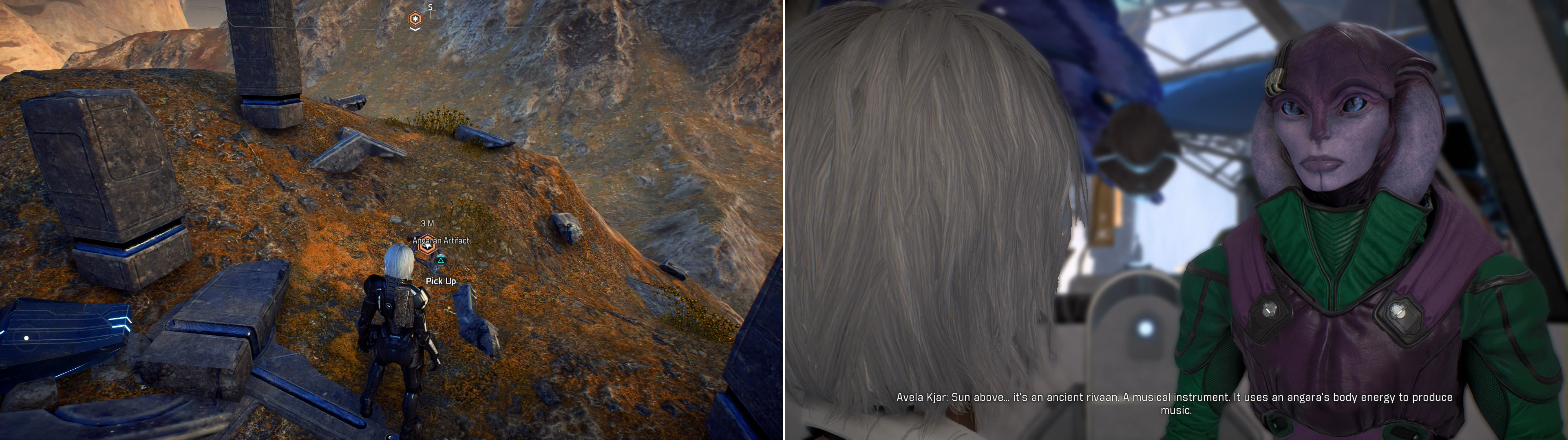 Scale a hill to reach a ruined Angaran shrine, where another artifact awaits (left). With this prize in hand, return to Avela Kjar on Aya (right).