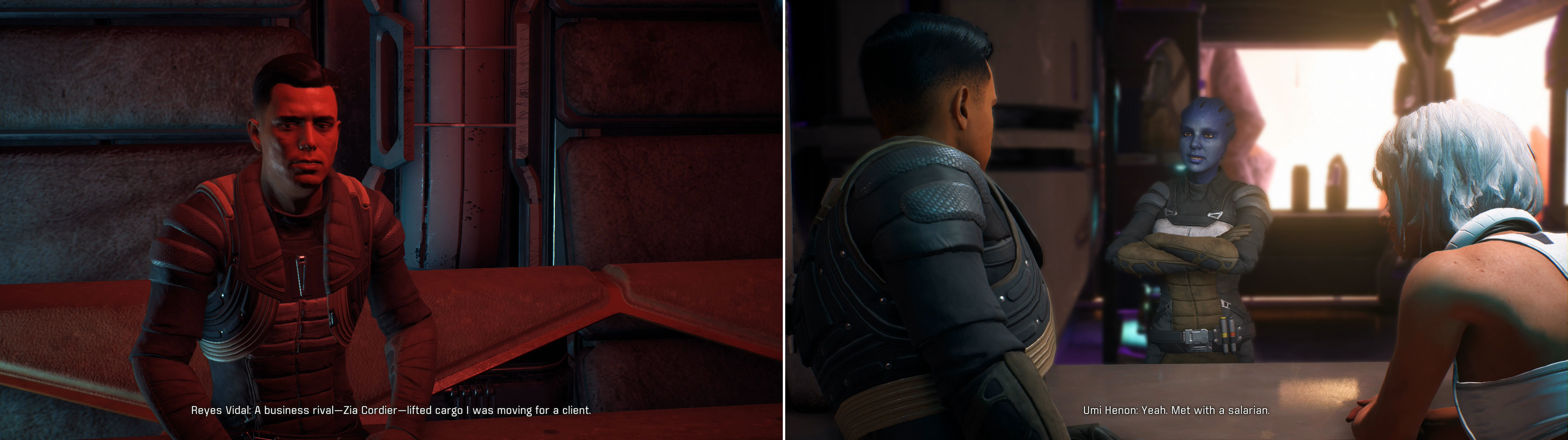 After solving the murder mystery in Kadara Port, talk to Reyes, who has another… sensitive task for you (left). Pay a visit to the bartender in Kralla's Song to learn more about Zia's recent actions (right).